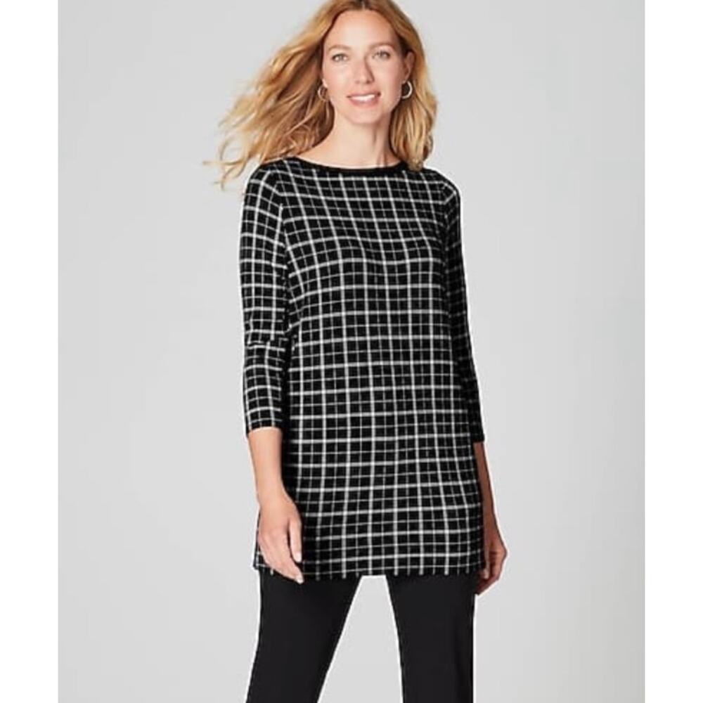 J Jill Wearever Womens Black Windowpane Tunic Top Sz‎ L Office Career Minimalist